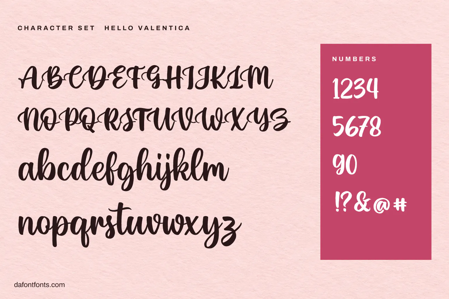 Hello Valentica character set: alphabet, numbers and symbols