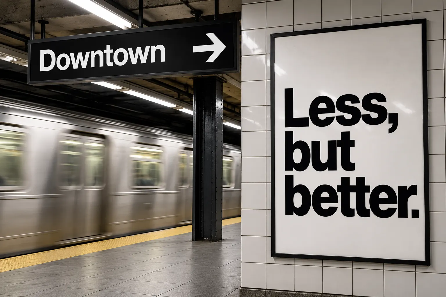 Helvetica style lettering on a subway station sign and a minimal poster