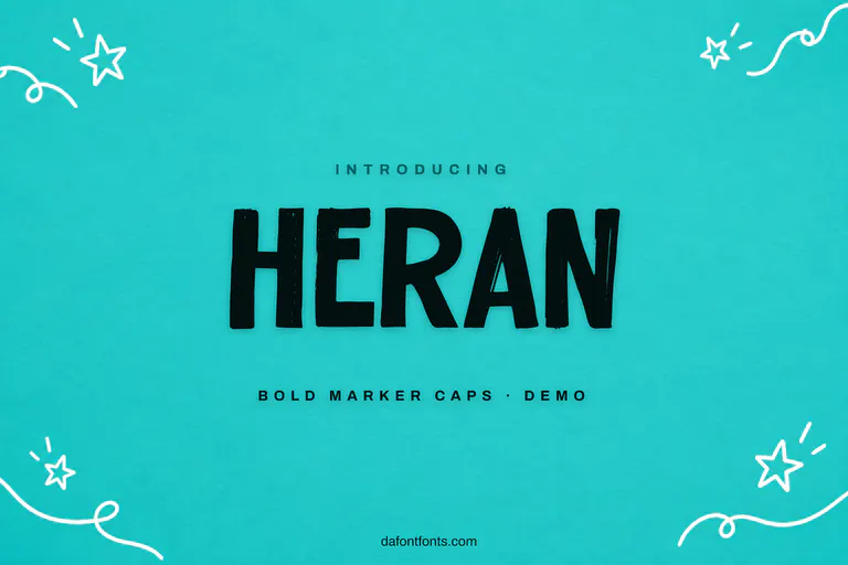 Heran font poster: bold black marker capitals on a bright teal background with doodles