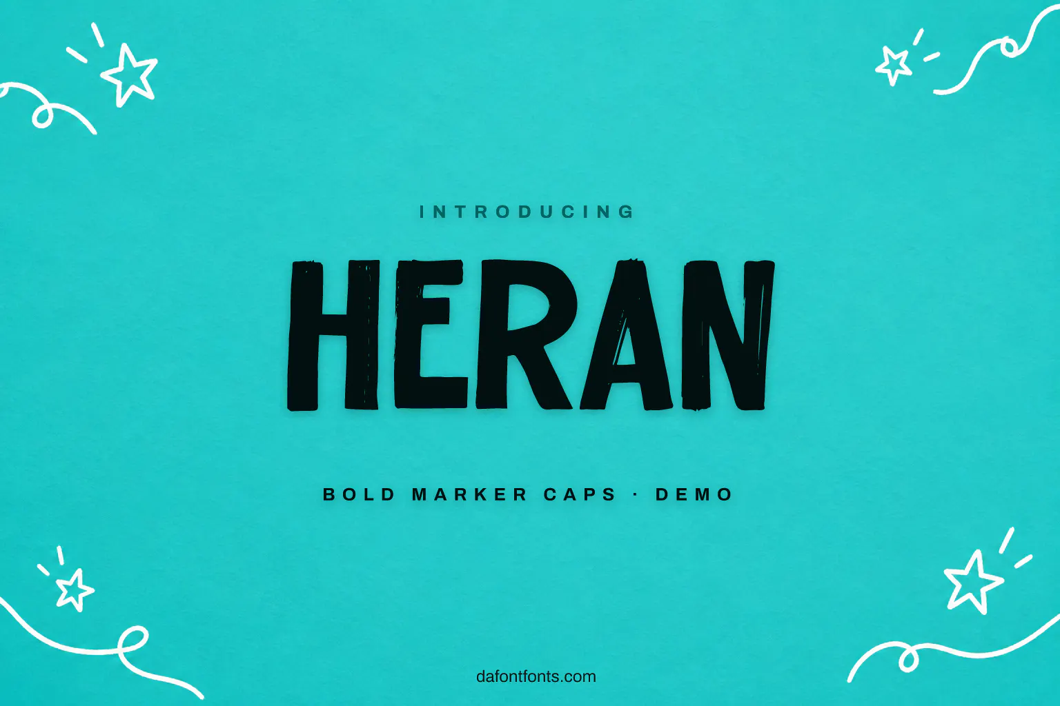 Heran font poster: bold black marker capitals on a bright teal background with doodles
