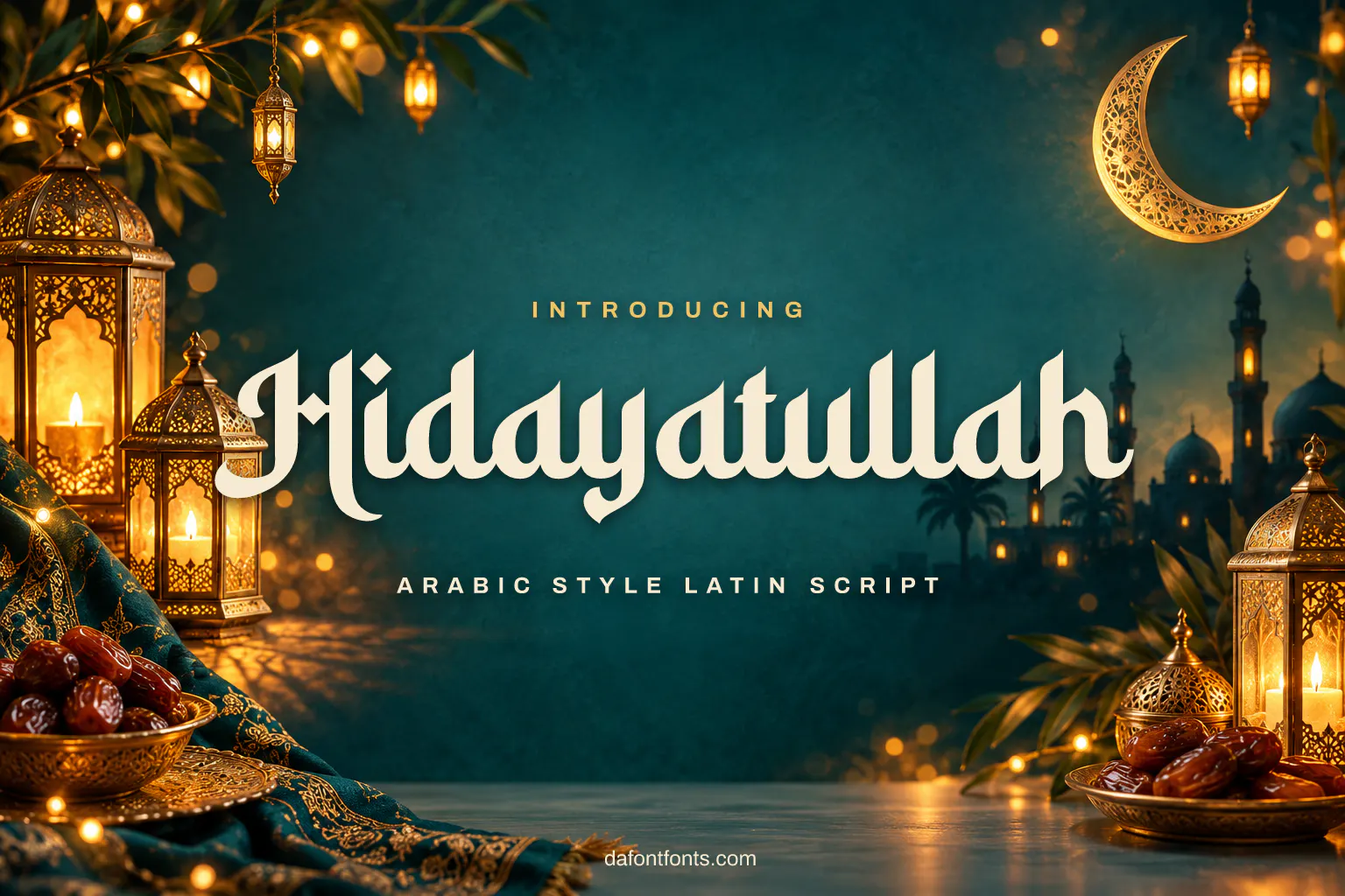 Hidayatullah font poster: Arabic-style letters with brass lanterns and a crescent moon