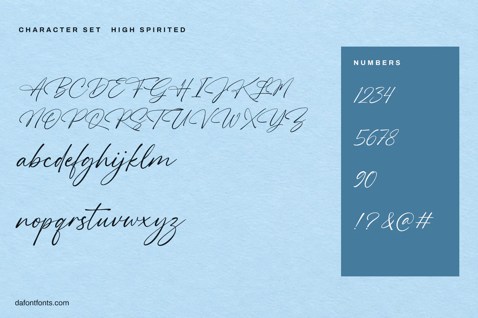 High Spirited character set: alphabet, numbers and symbols