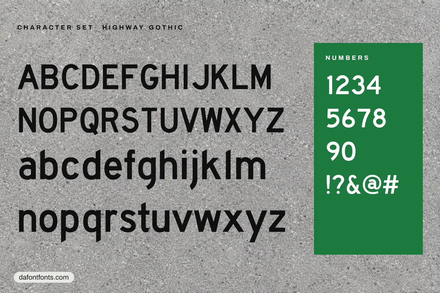 Highway Gothic character set: alphabet, numbers and symbols