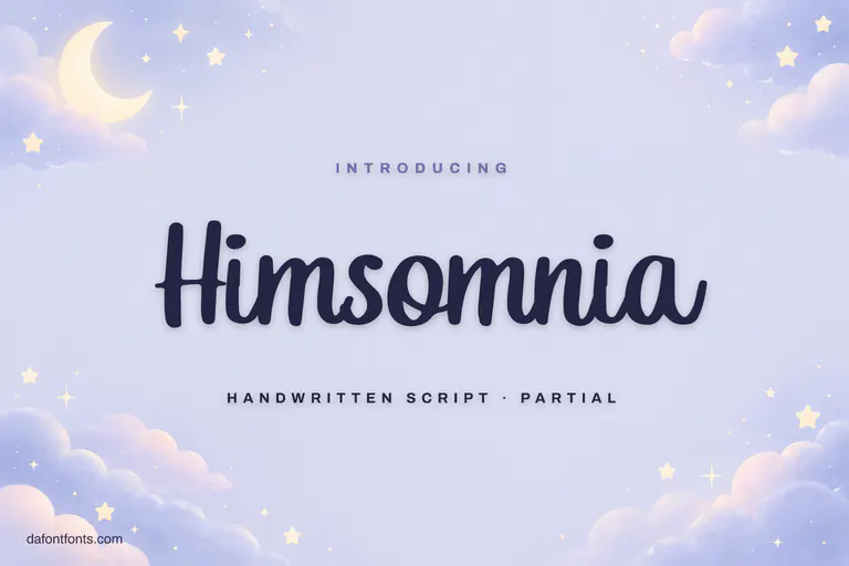 Himsomnia font poster: navy handwriting on lavender blue with a moon