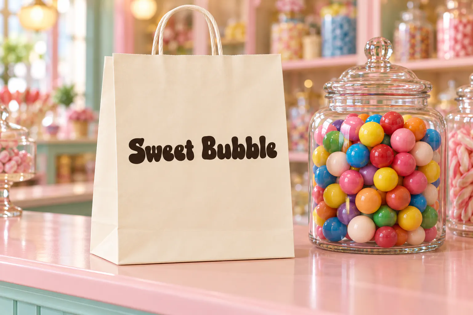 Histea Ballon font on a candy shop bag reading Sweet Bubble