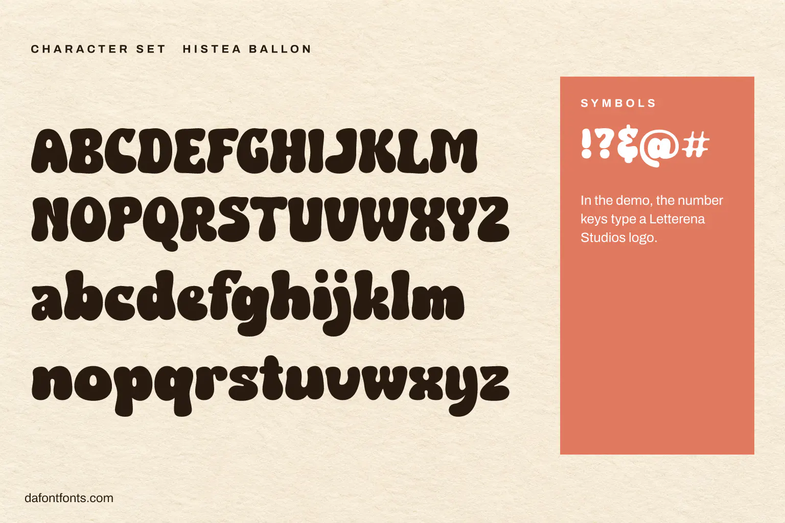 Histea Ballon character set: capitals, lowercase and symbols (the number keys type a logo)