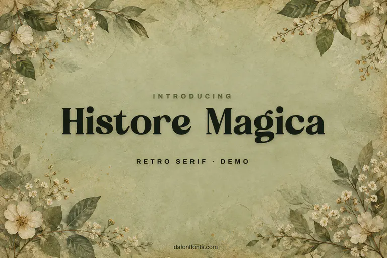 Histore Magica font poster: dark green serif on a sage green background with pressed leaves