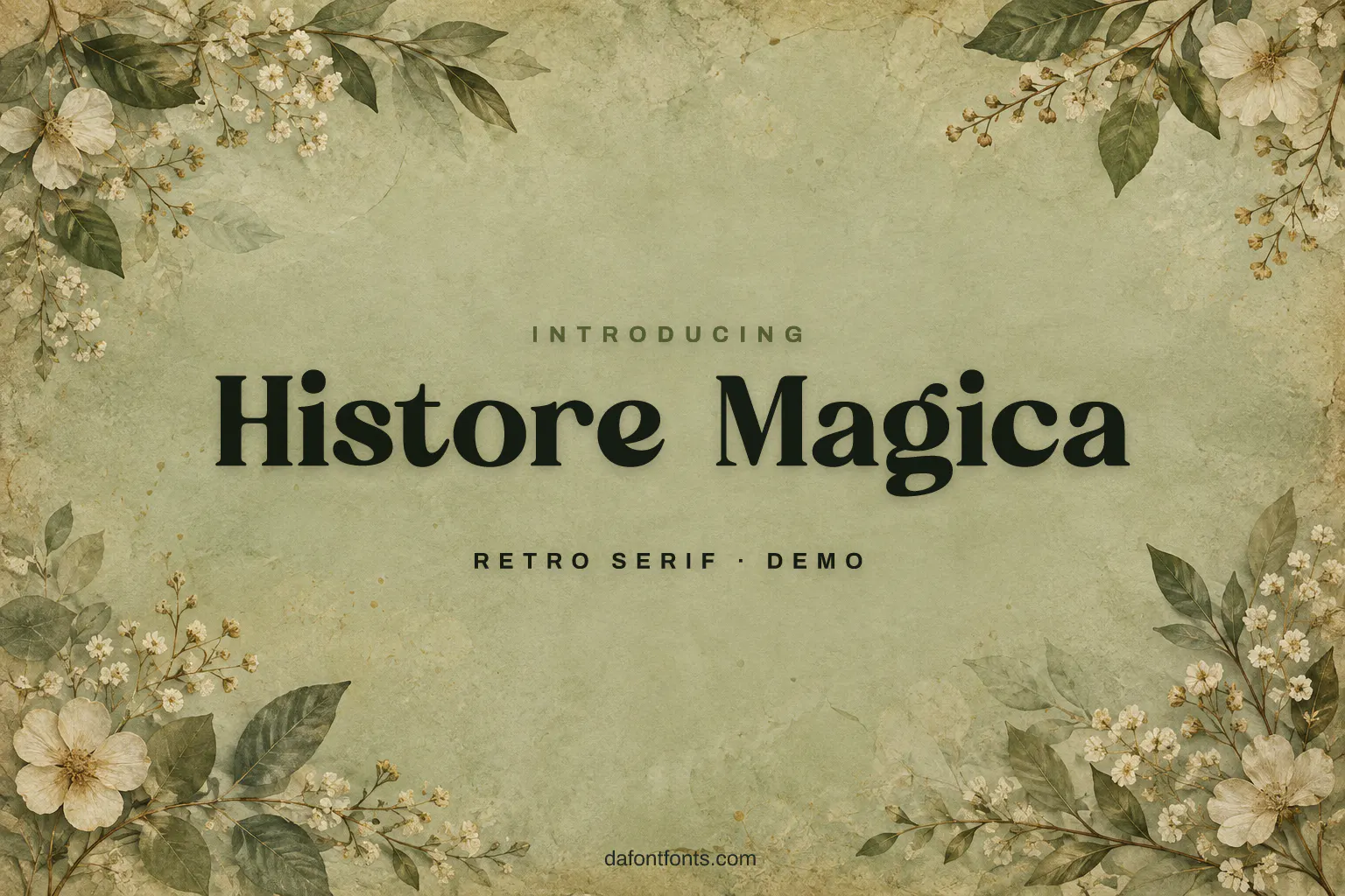 Histore Magica font poster: dark green serif on a sage green background with pressed leaves