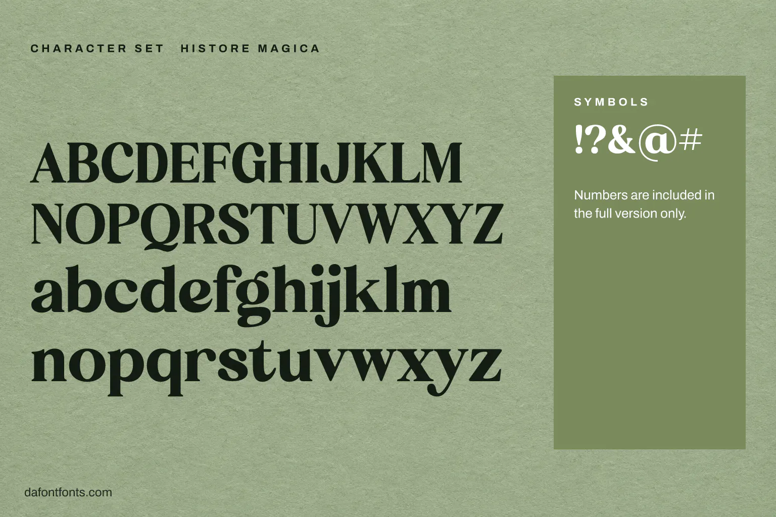 Histore Magica character set: capitals, lowercase and symbols (numbers in the full version)