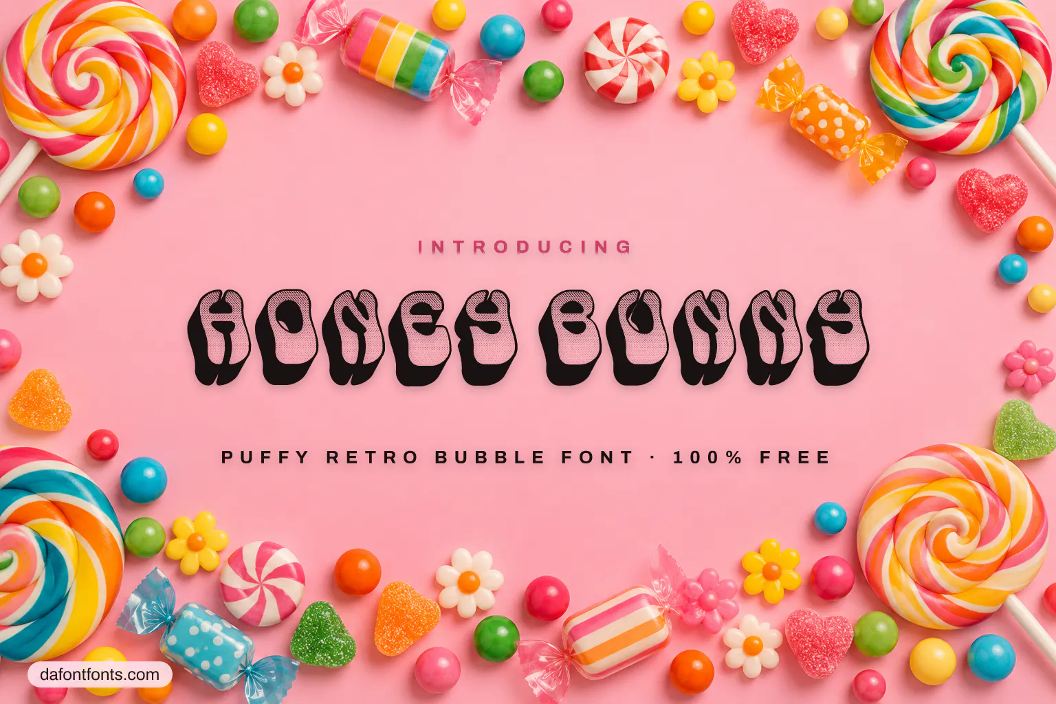Honey Bunny font poster: puffy black-and-white capitals on a pastel pink background