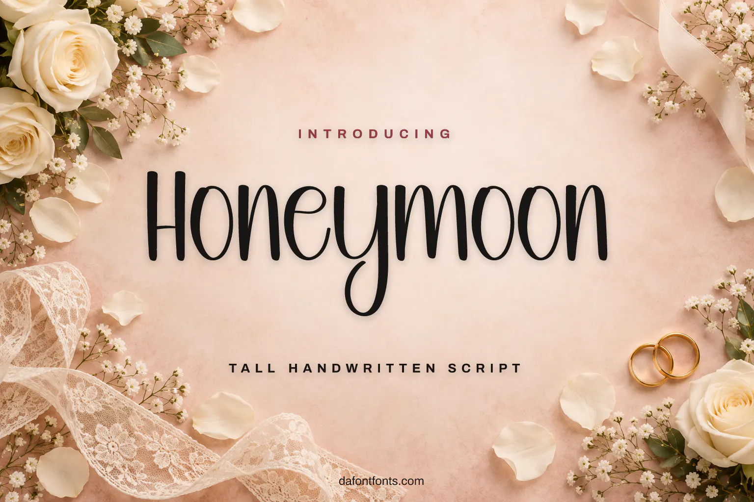 Honeymoon font poster: tall handwriting with white roses and gold rings