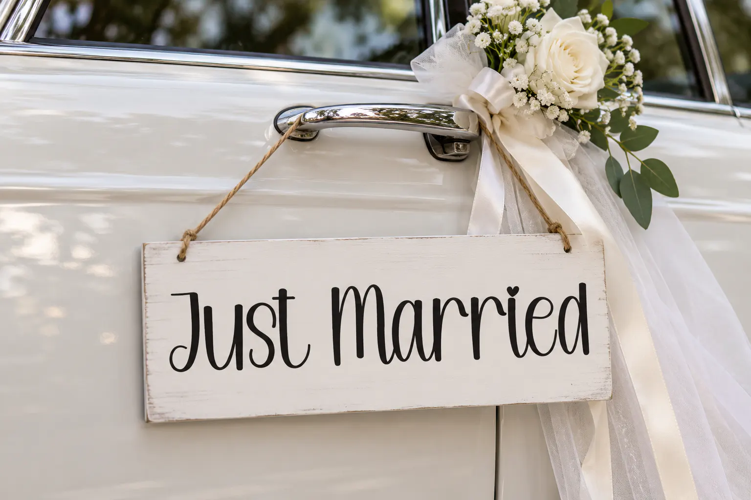 Honeymoon font on a wedding car sign reading Just Married