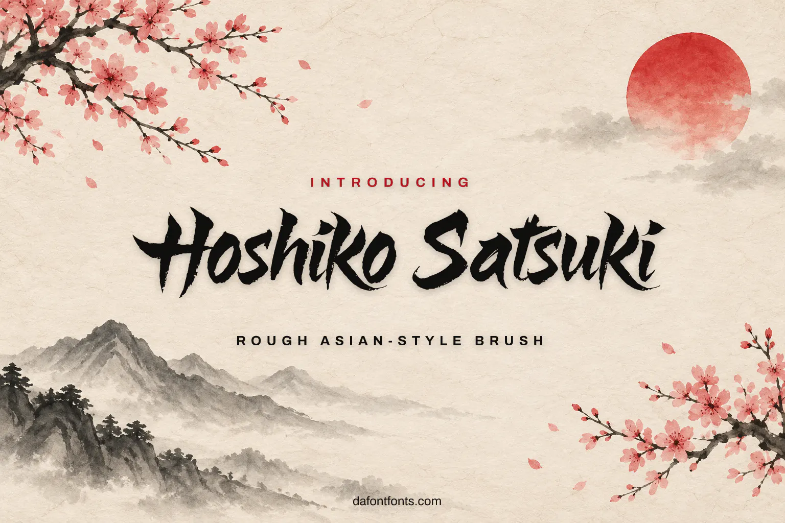Hoshiko Satsuki font poster: black rough brush letters on a rice paper background with a red sun