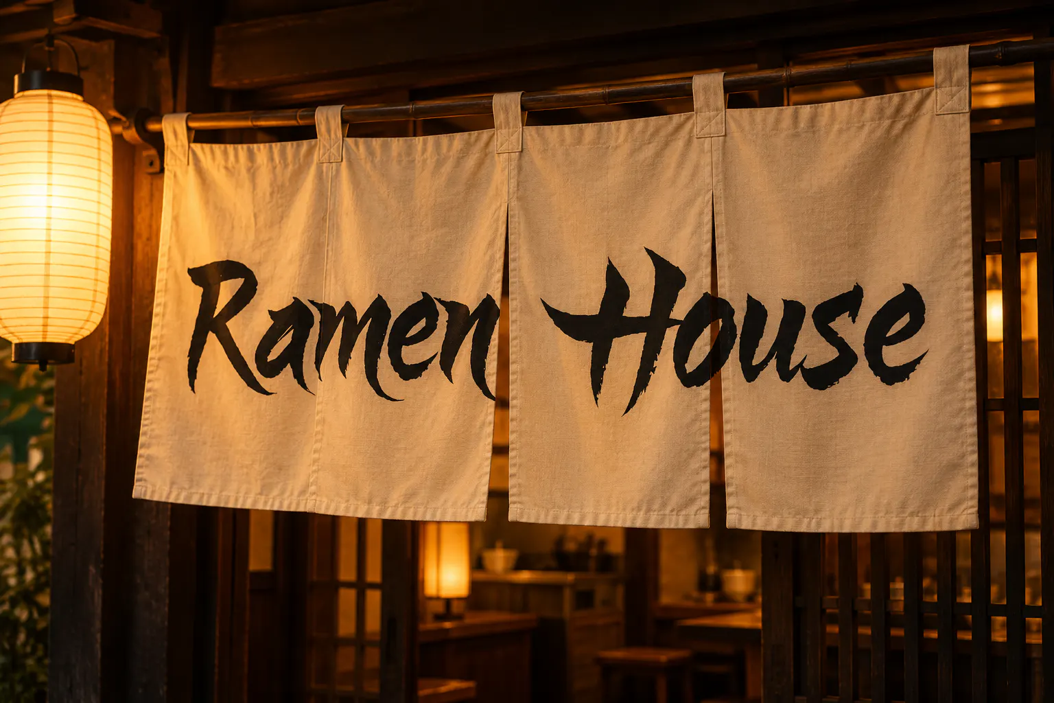 Hoshiko Satsuki font on a restaurant noren curtain reading Ramen House