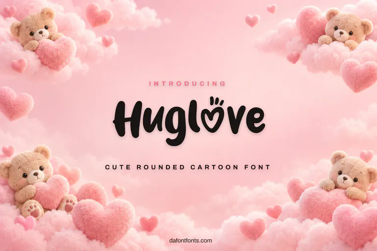Huglove font poster: black rounded letters on a cute pastel pink background