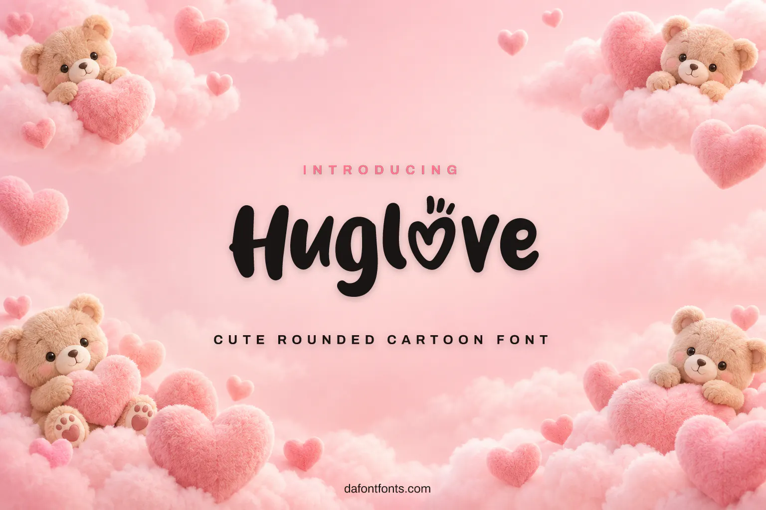Huglove font poster: black rounded letters on a cute pastel pink background