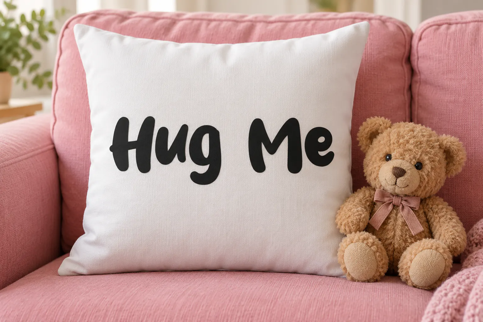 Huglove font on a cushion reading Hug Me