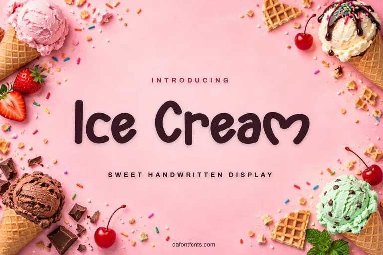 Ice Cream font poster: rounded letters on pastel pink with ice cream cones and sprinkles