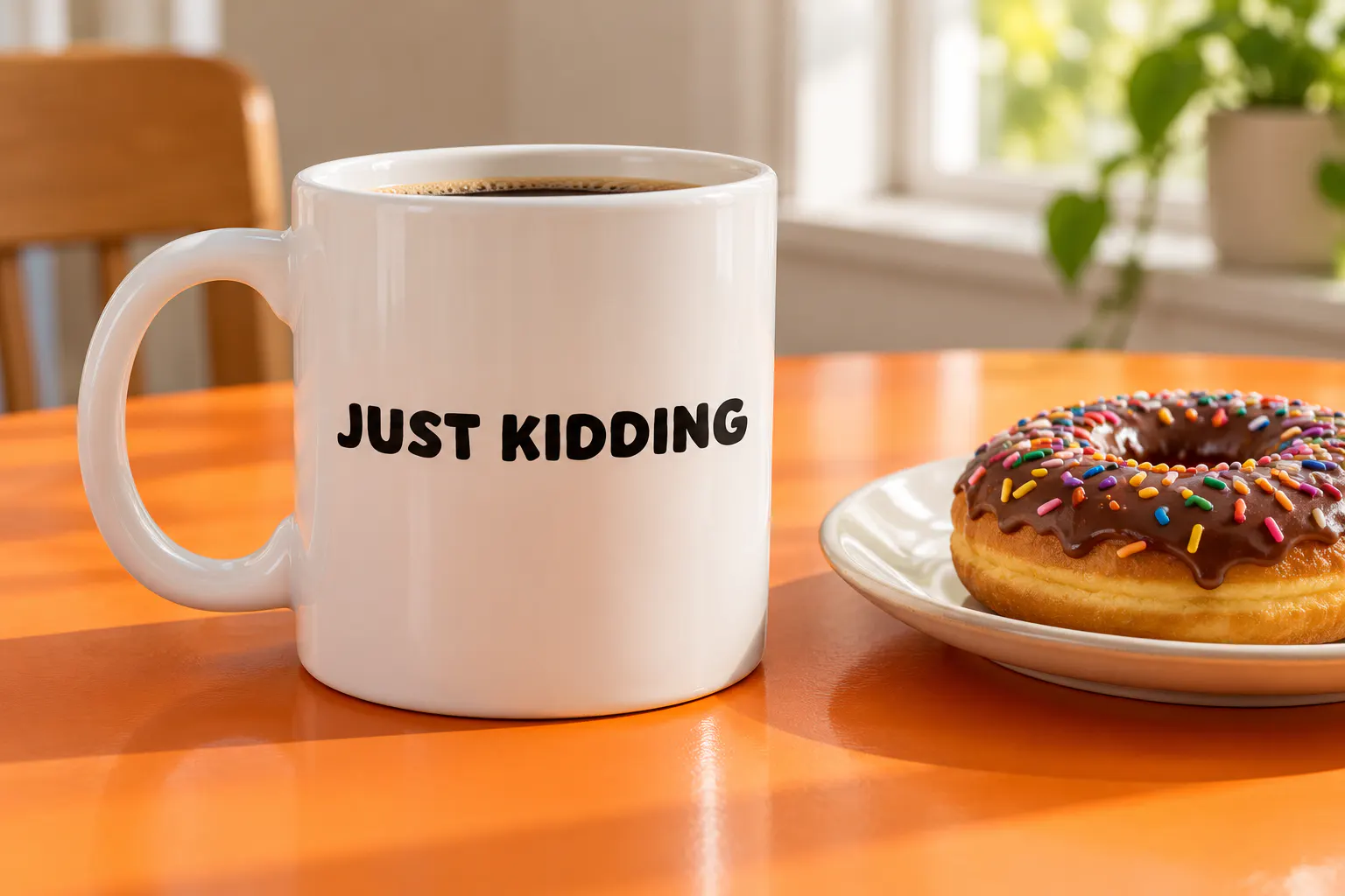 Im Joking font on a mug reading JUST KIDDING