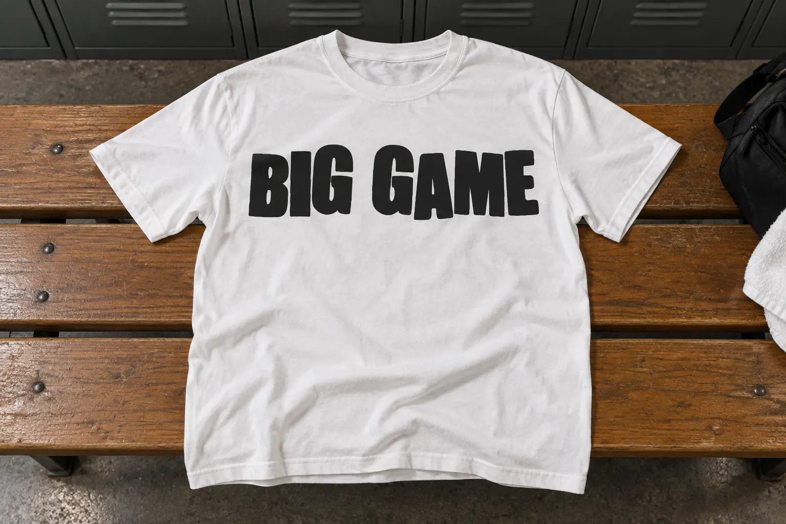 Impacted font on a t-shirt reading BIG GAME