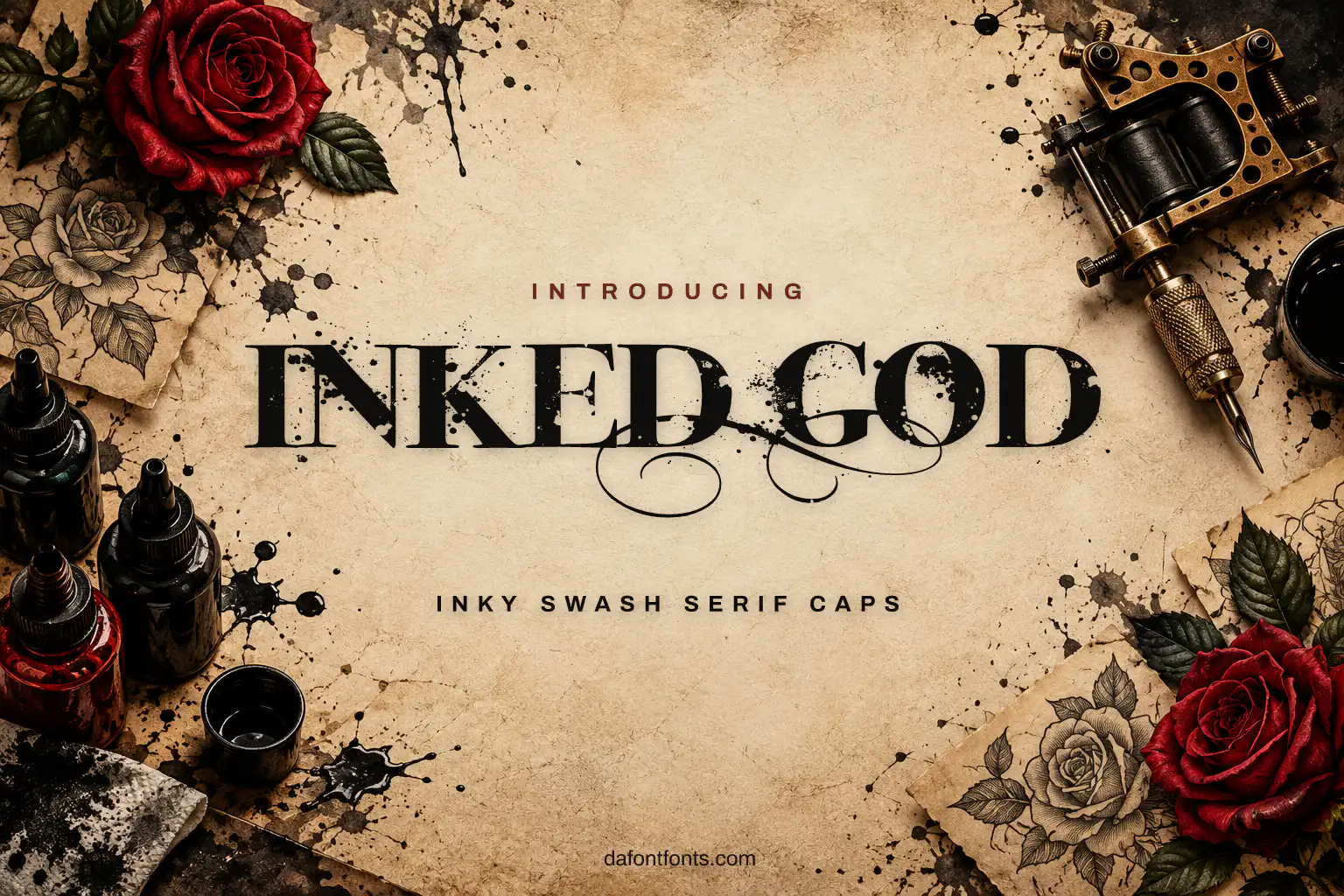 Inked God font poster: inky serif caps with ink bottles, splatters and roses