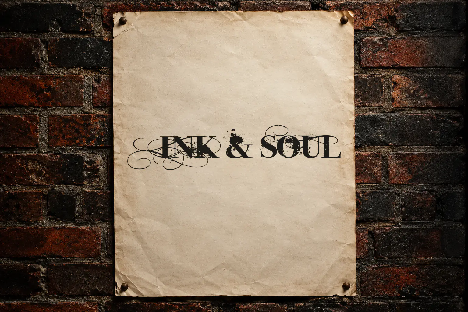 Inked God font on a brick wall poster reading INK & SOUL