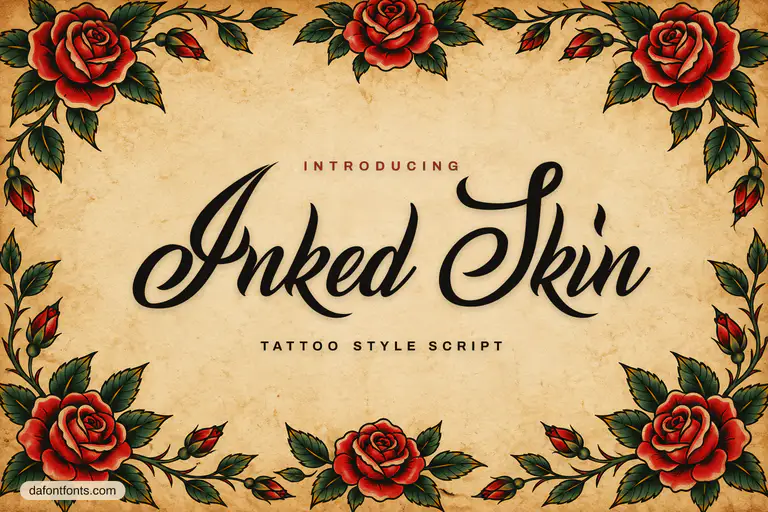 Inked Skin font poster: black tattoo script on aged paper with roses