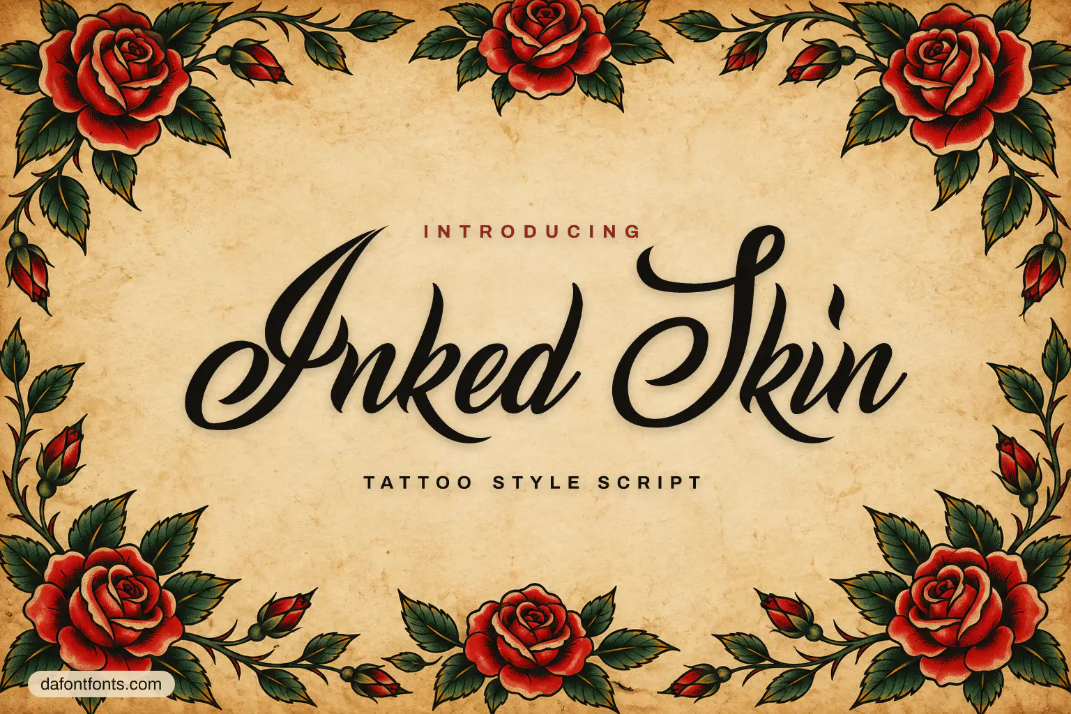 Inked Skin font poster: black tattoo script on aged paper with roses