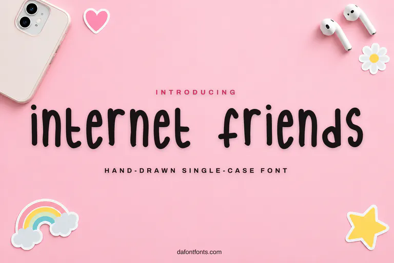 Internet Friends font poster: black hand-drawn letters on a pastel pink background with stickers