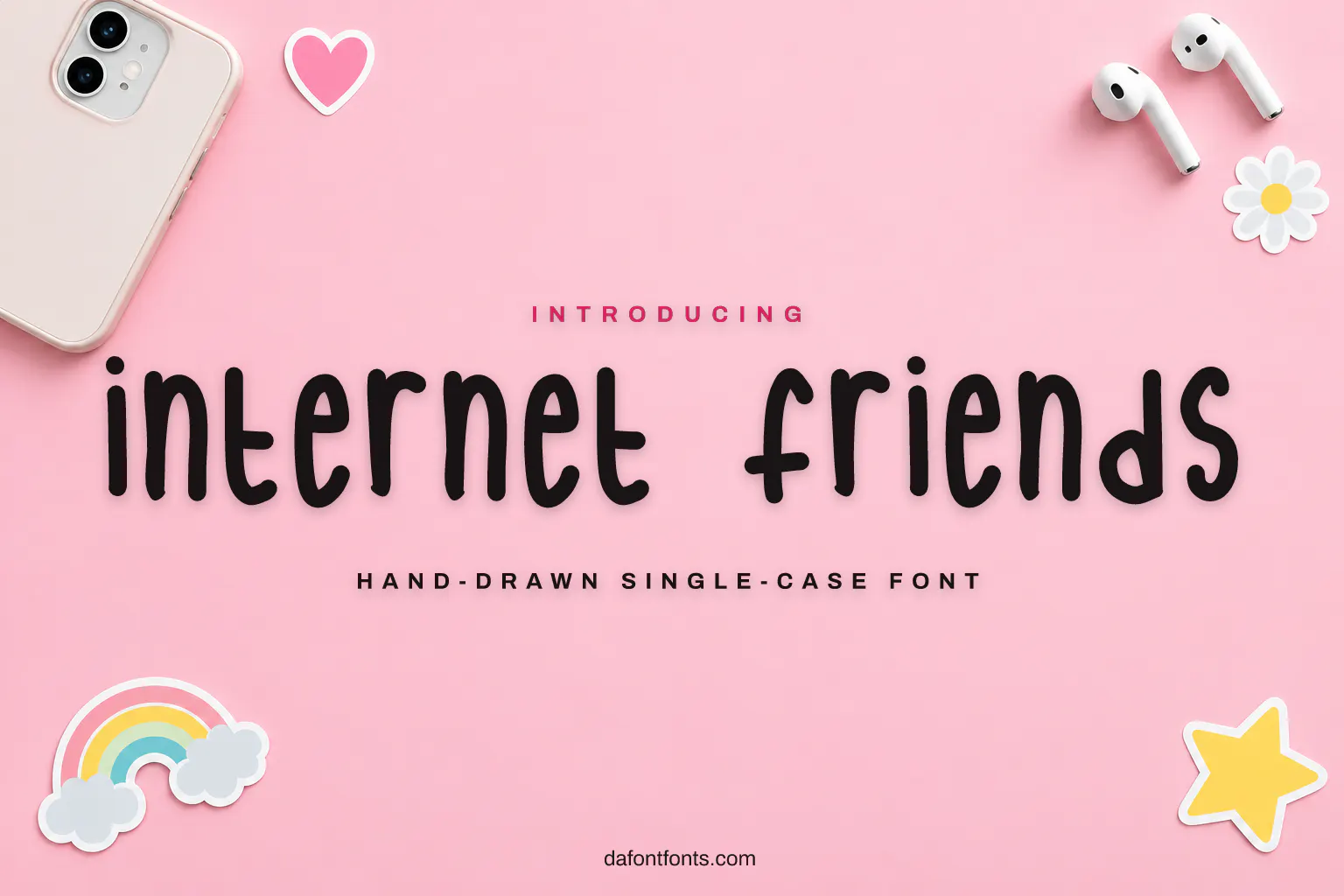 Internet Friends font poster: black hand-drawn letters on a pastel pink background with stickers