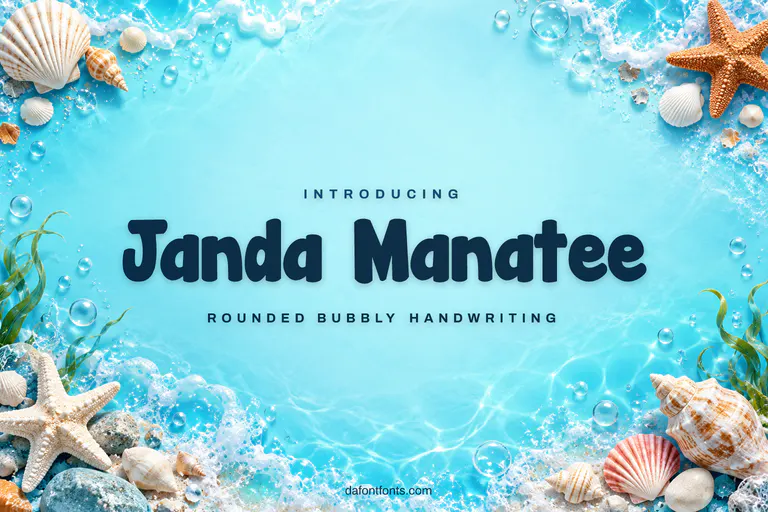 Janda Manatee font poster: bubbly letters on aqua with seashells and starfish