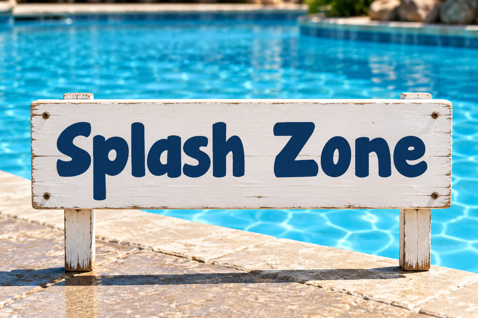 Janda Manatee font on a poolside sign reading Splash Zone