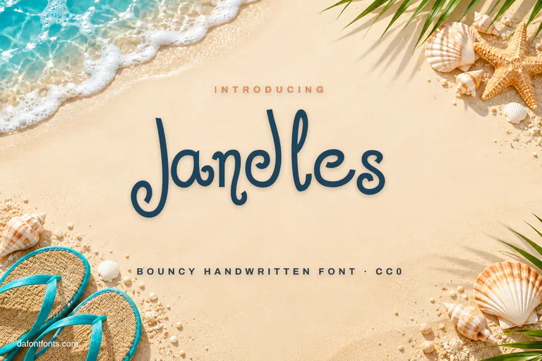 Jandles font poster: navy bouncy handwriting on sand with seashells