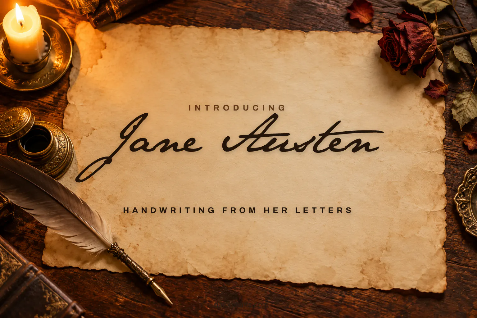 Jane Austen font poster: brown handwriting on aged parchment with a quill and inkwell
