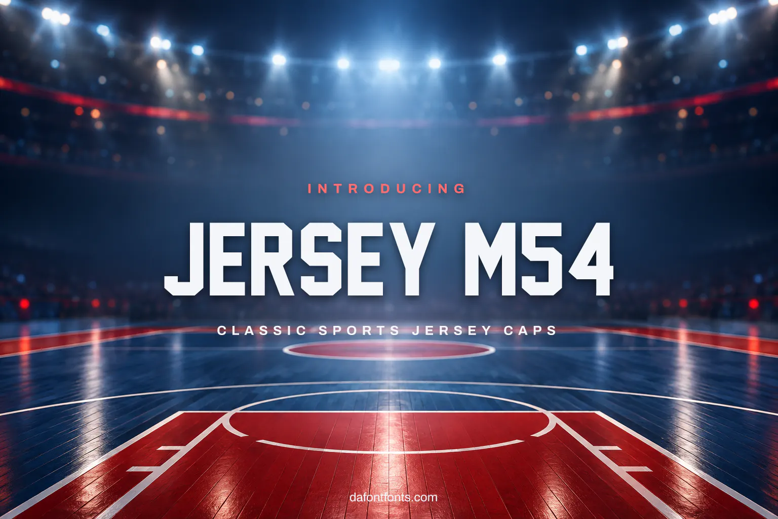 Jersey M54 font poster: navy block caps on a basketball court background