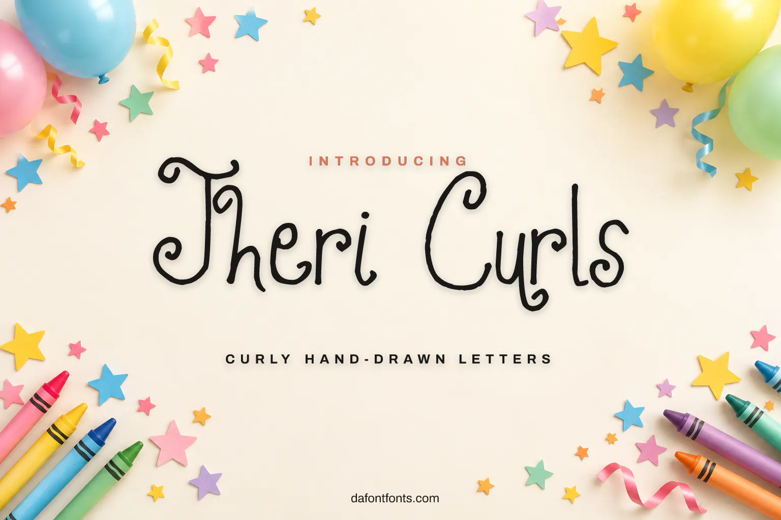 Jheri Curls font poster: thin black curly letters on a whimsical kids background