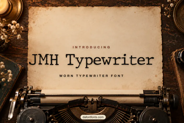 JMH Typewriter font poster: worn black typewriter letters on old cream paper with a vintage typewriter