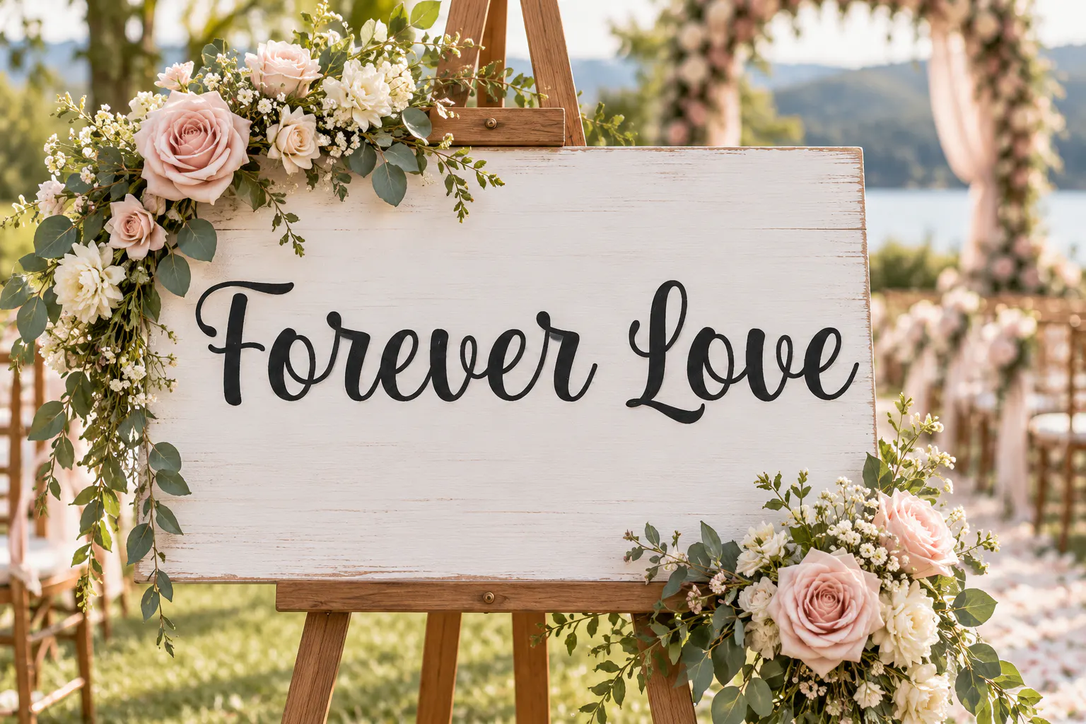 Josephsophia font on a wedding welcome sign reading Forever Love