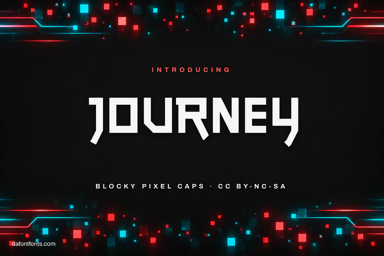 Journey font poster: white blocky caps on a dark arcade background