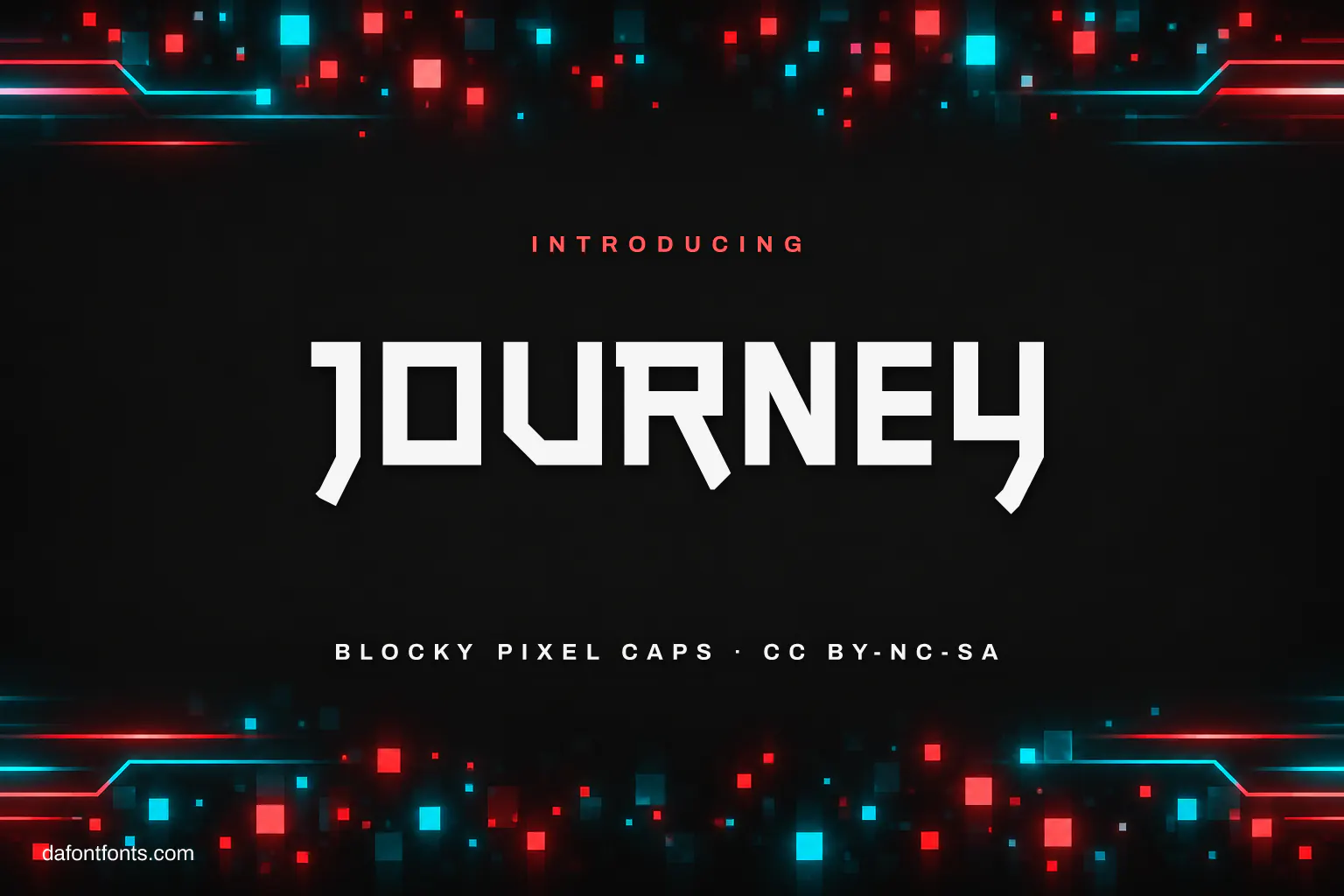 Journey font poster: white blocky caps on a dark arcade background