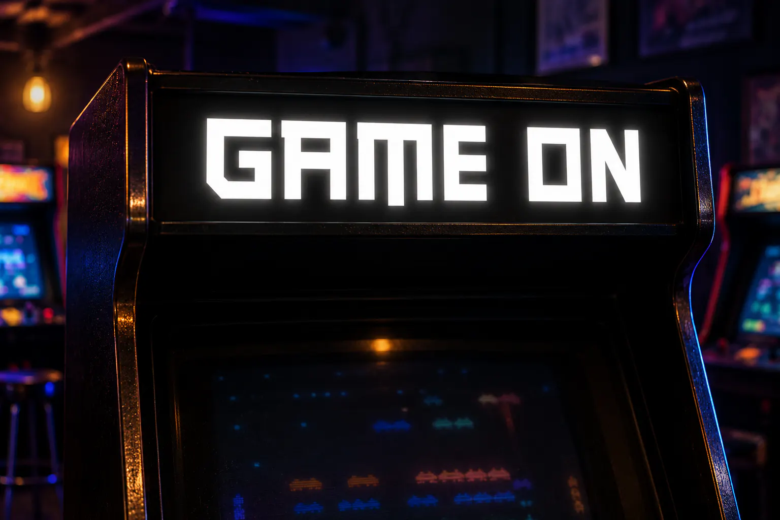 Journey font on an arcade marquee reading GAME ON
