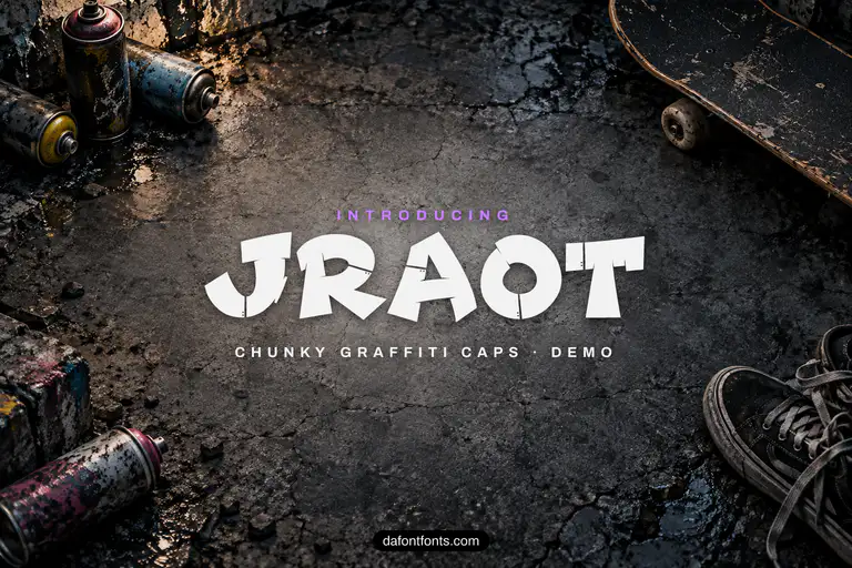 Jraot font poster: black graffiti caps on a gritty urban background