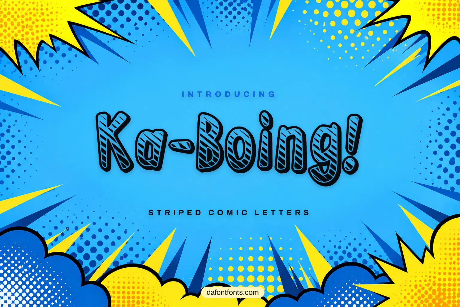 Ka-Boing! font poster: black striped comic letters on a blue and yellow pop-art background