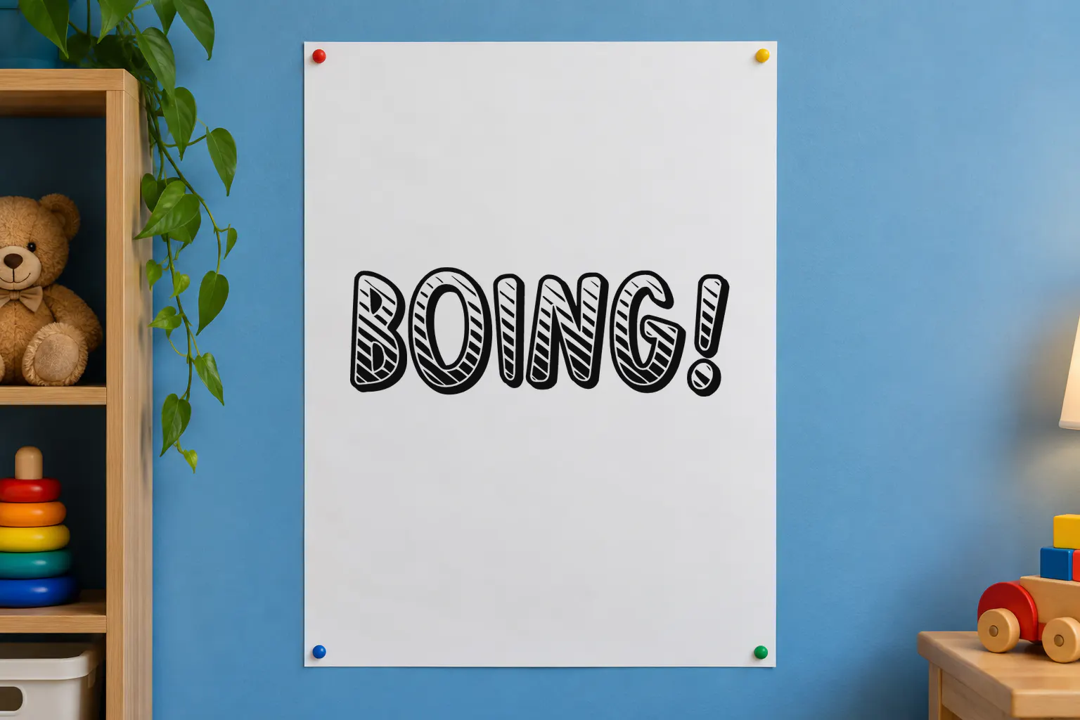 Ka-Boing! font on a playroom poster reading BOING!