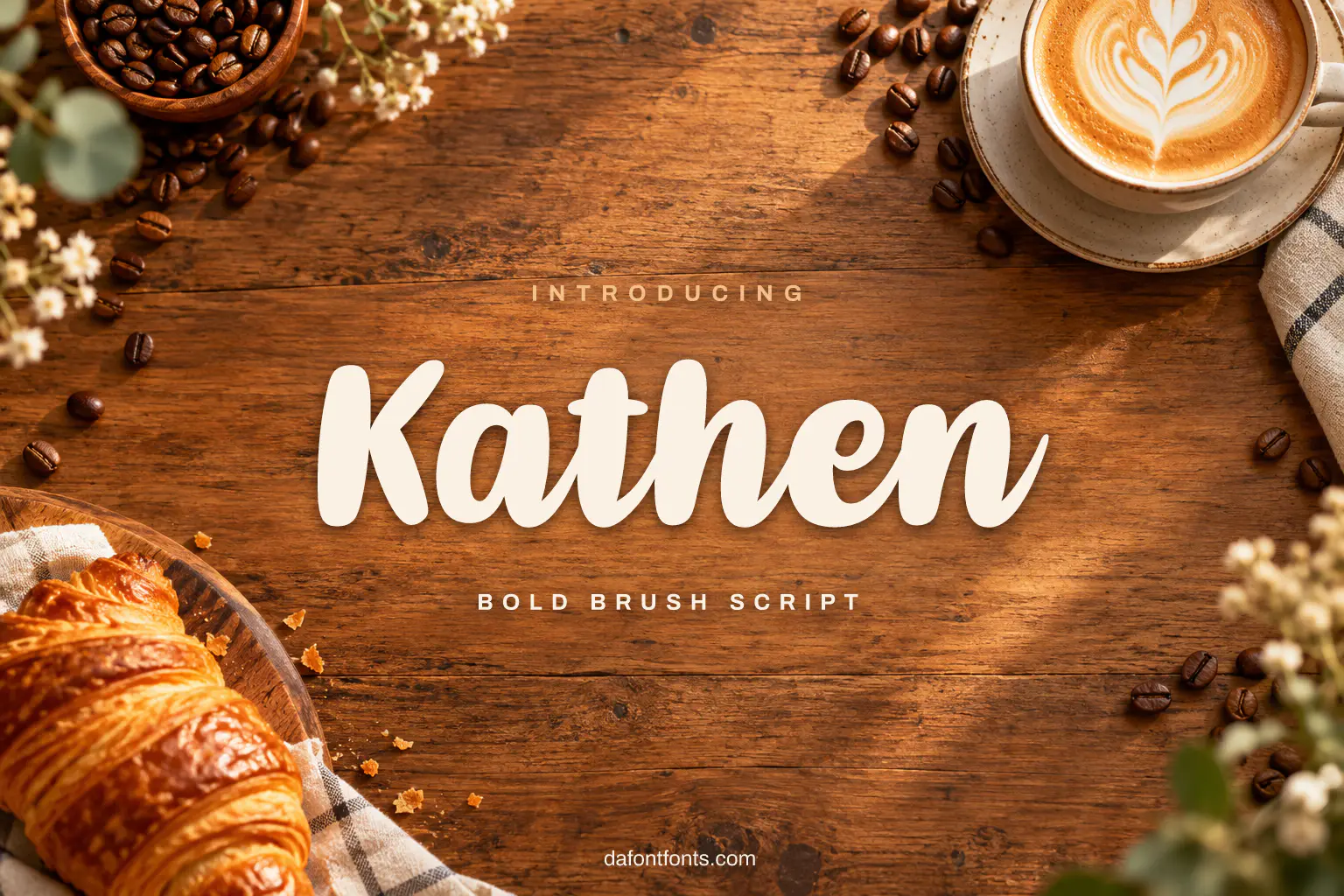 Kathen font poster: black brush script on a warm cafe background with coffee beans