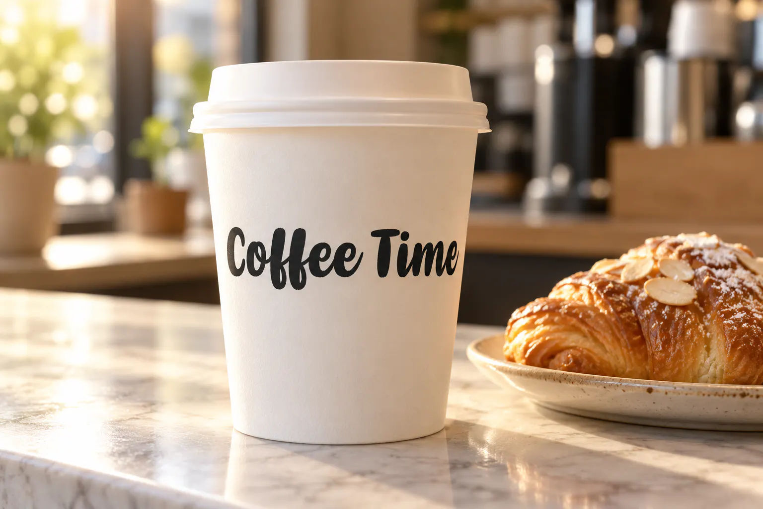 Kathen font on a coffee cup reading Coffee Time