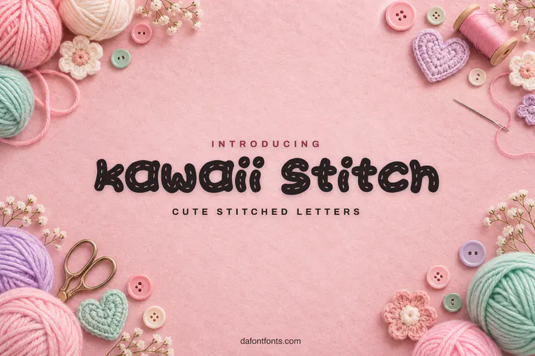 Kawaii Stitch font poster: stitched letters on pink felt with yarn and buttons