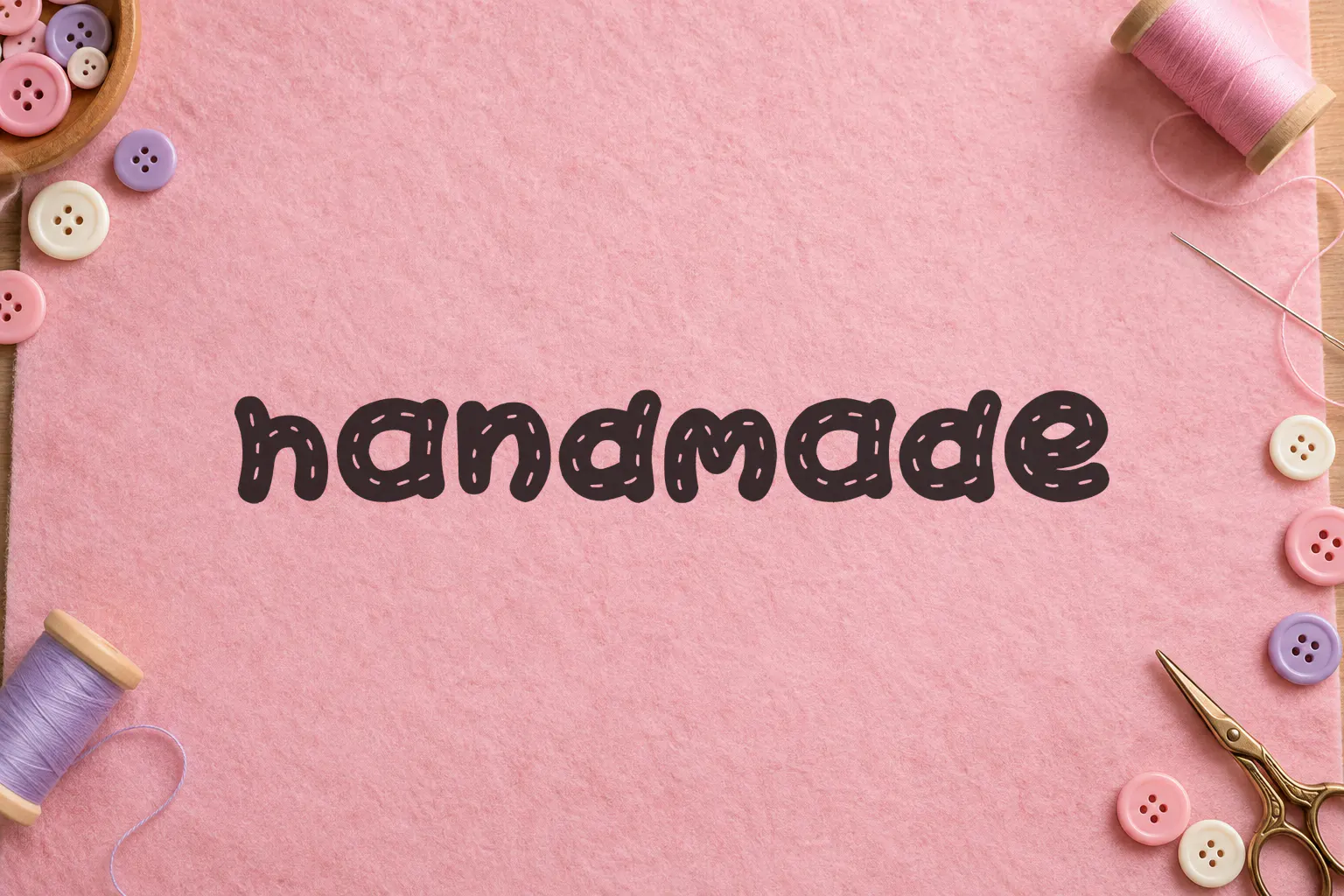 Kawaii Stitch font on pink felt reading handmade