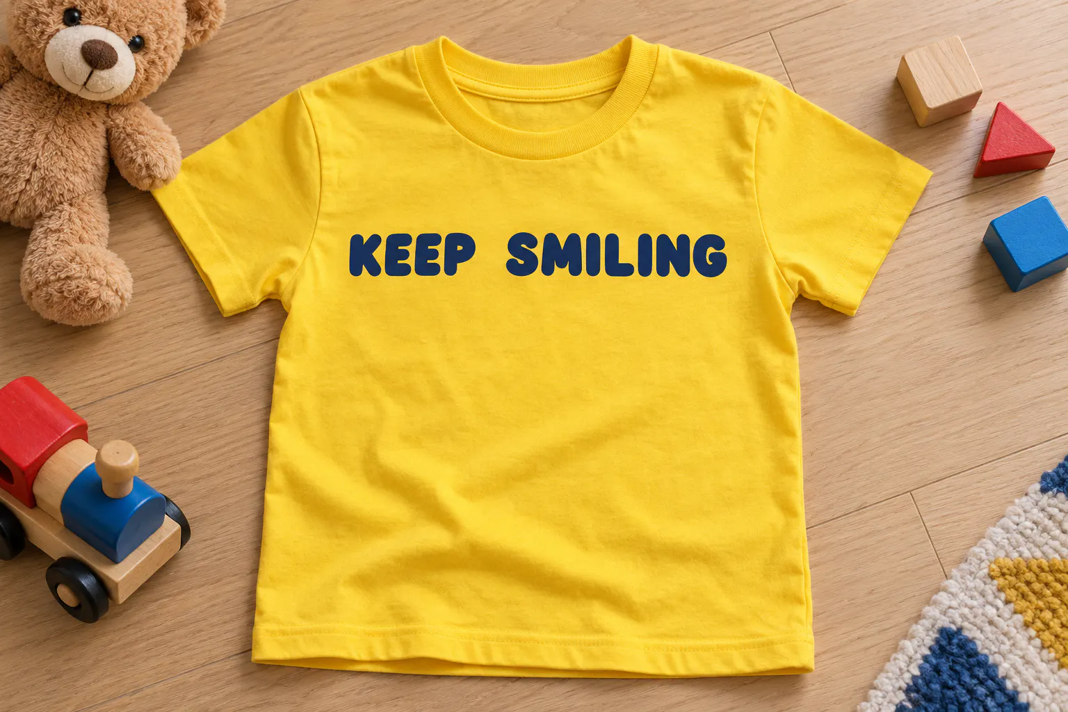 Keepsmile font on a kid's T-shirt reading KEEP SMILING