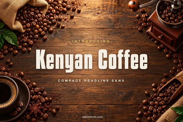 Kenyan Coffee font poster: black condensed letters on a rich coffee background